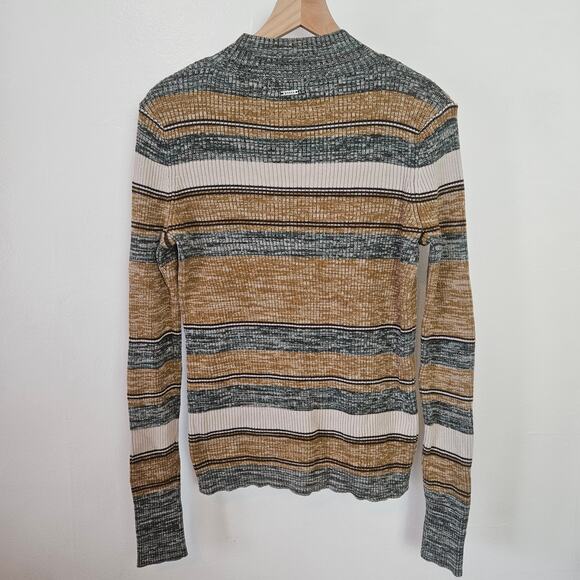 Prana Acadia Sweater Ribbed Stripe Mock Neck L Tan‎ Green Ivory - Picture 5 of 6